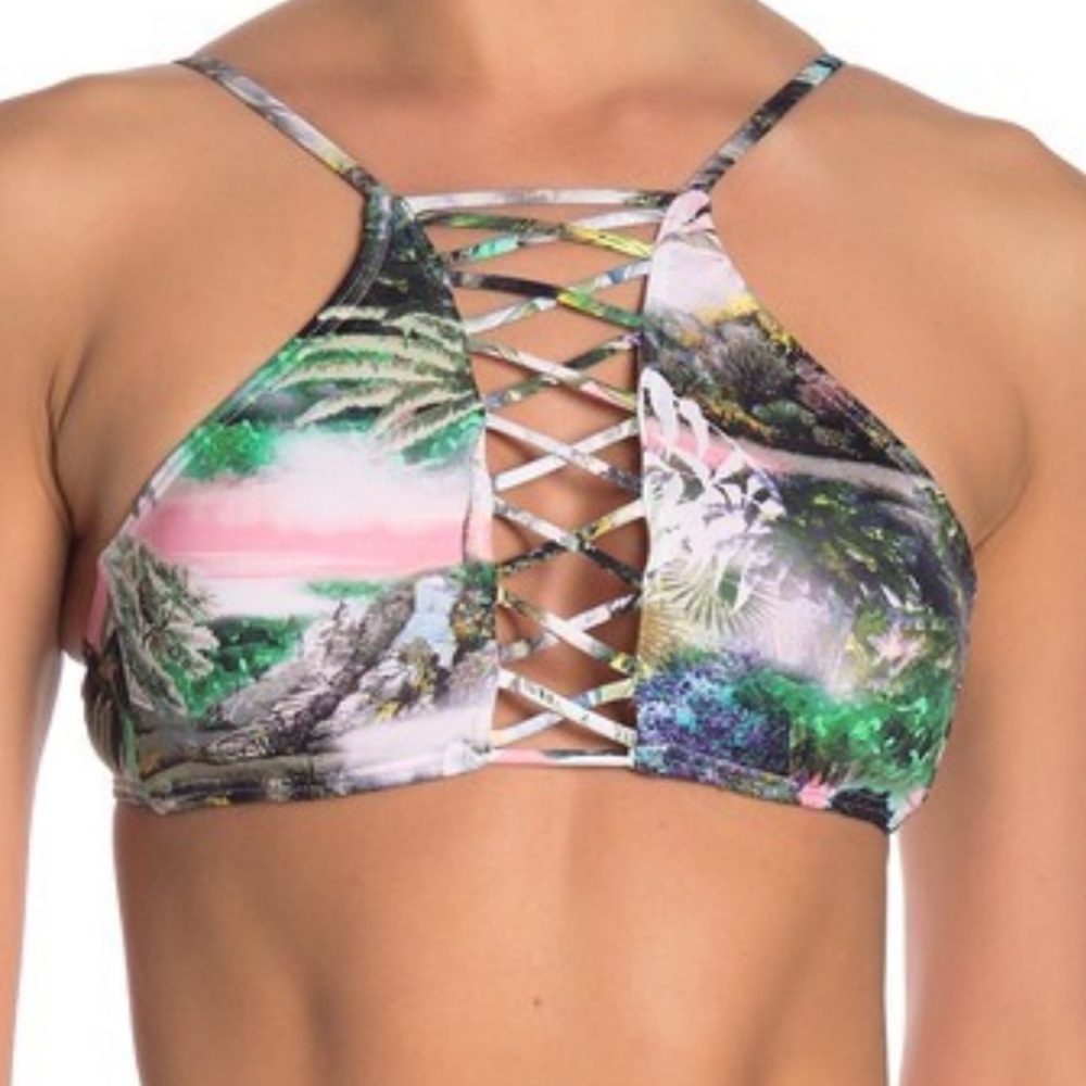 Bikini Lab Corset Halter Tropical Jungle Resort Vacation Printed Bikini Top M